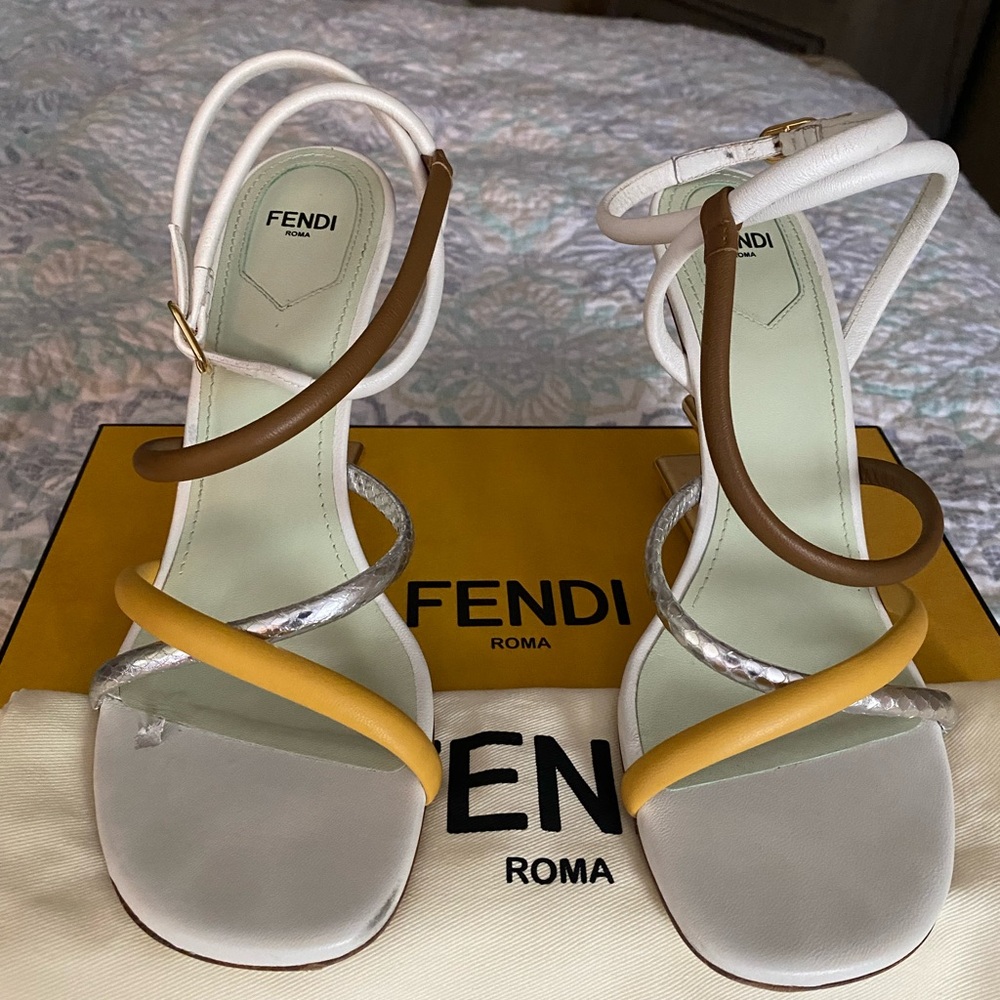 Fendi White and Brown Heeled Sandals